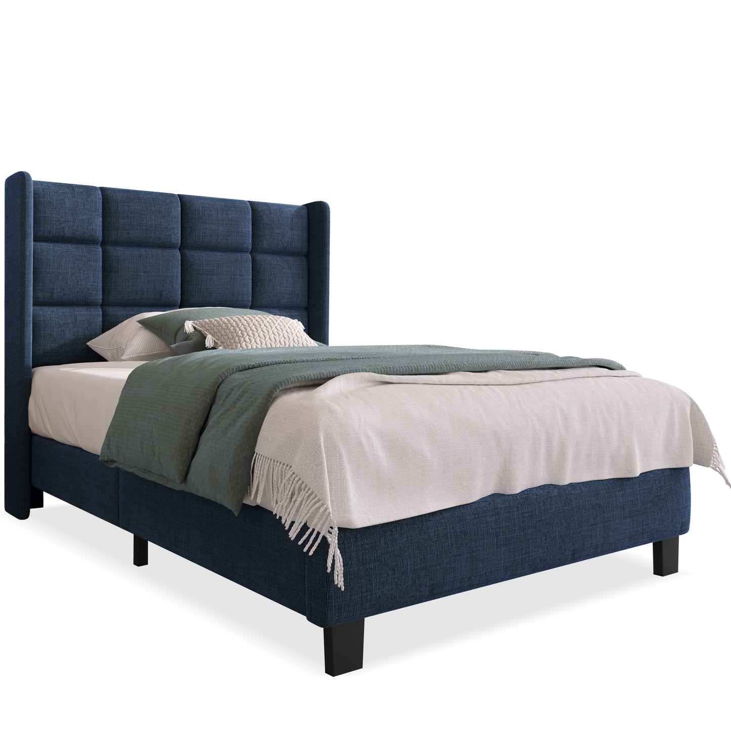 (Z)Simple style blue linen single bed frame with bed board, without mattress