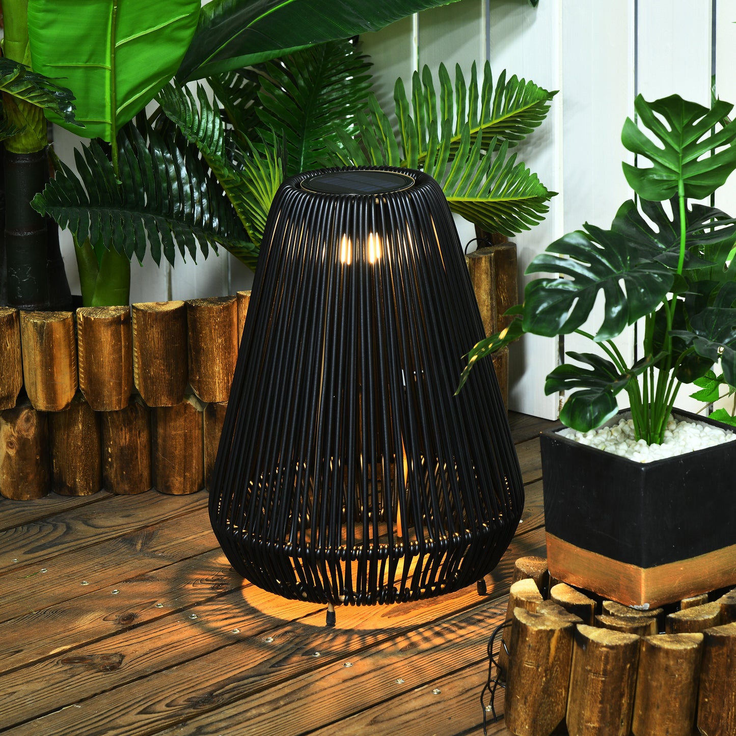 Solar Light Rattan Waterproof Street Light with Light Sensor, Automatic LED Garden Light, Outdoor Light, Black, Metal