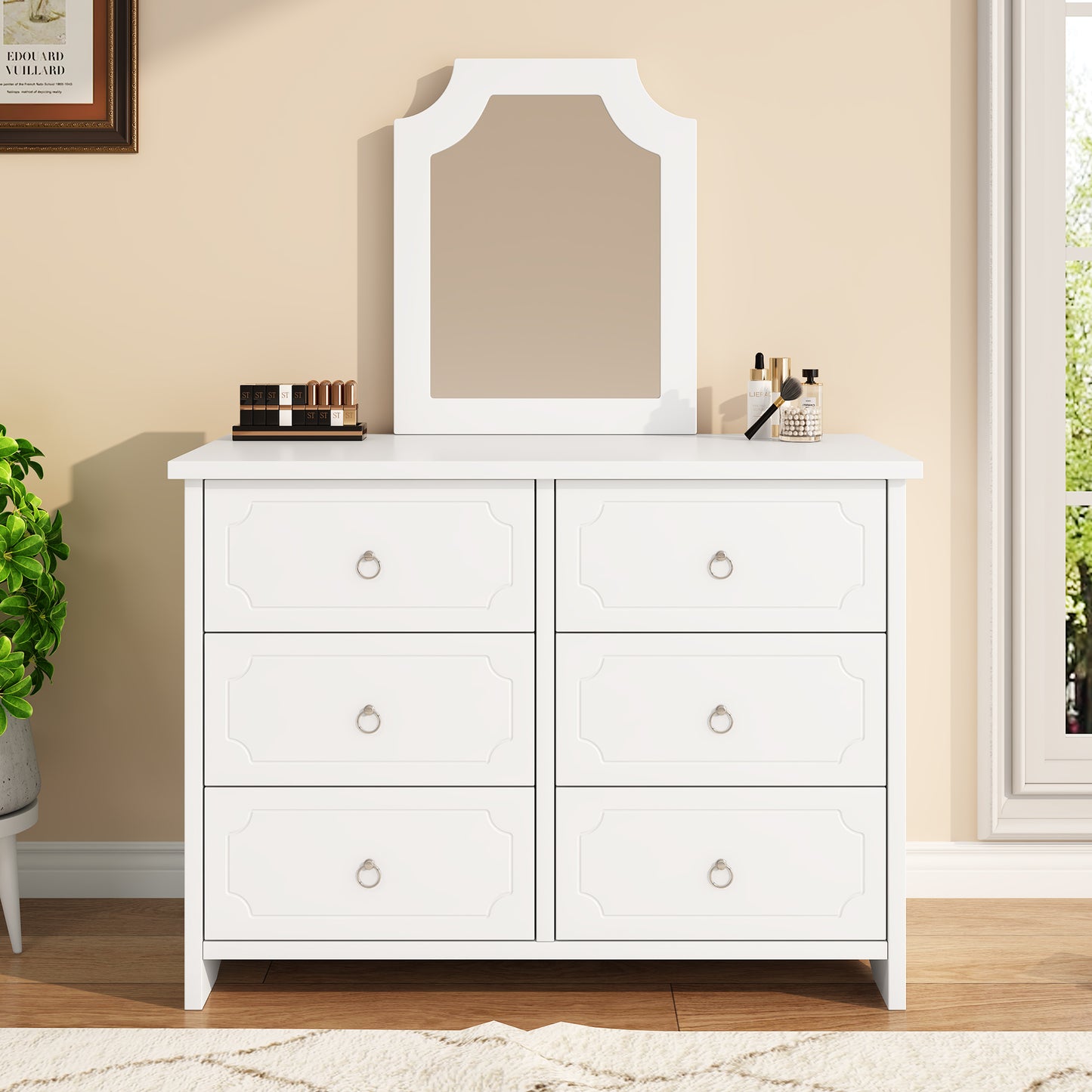 White Mirror Cabinet: Versatile 6-Drawer Chest for Living & Bedroom