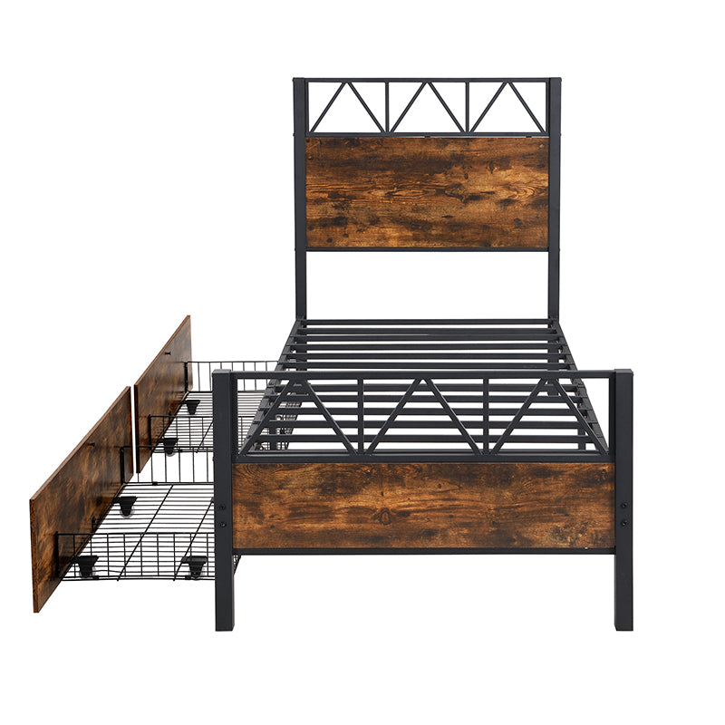 Vintage-Style Metal Kids Bed with Storage Drawers - Black & Walnut, 90x200 cm