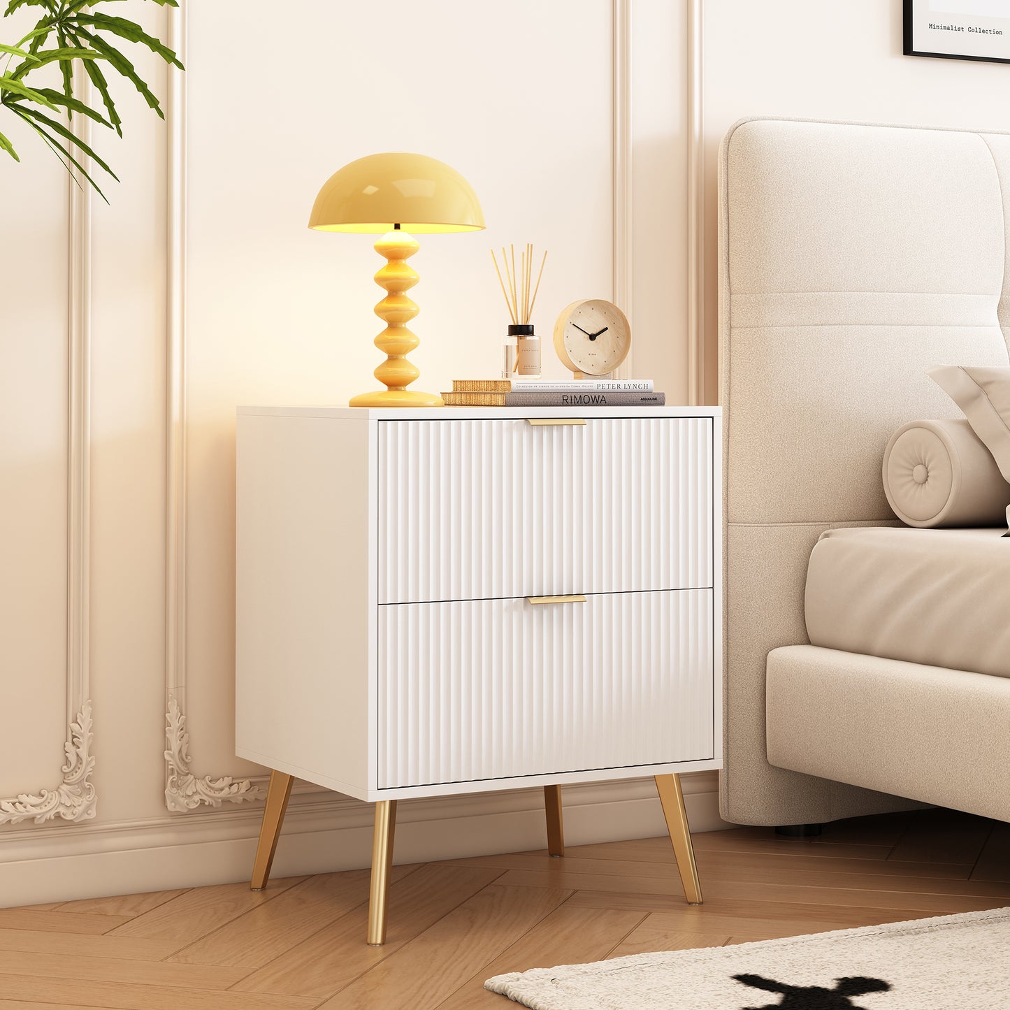 White Lacquered Double Drawer Bedside Table with Gold-Plated Feet and Knobs