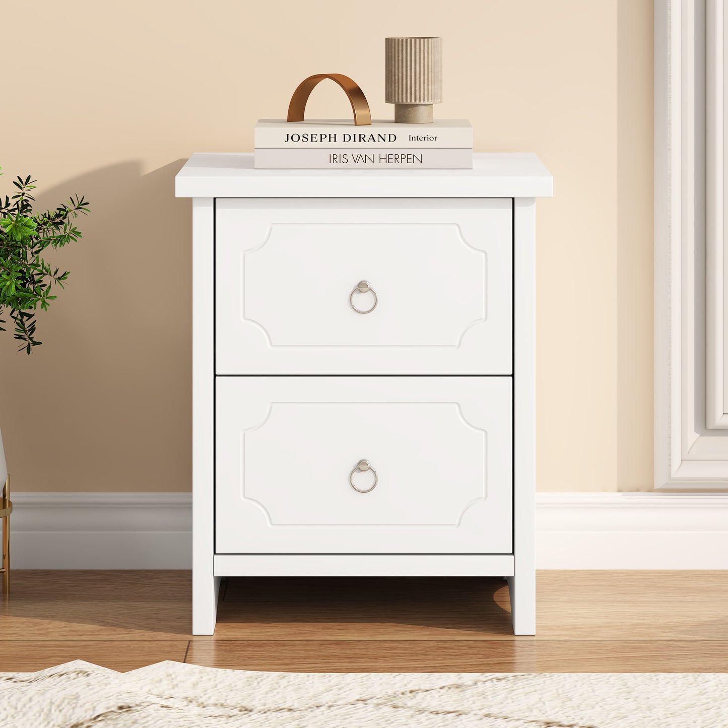 White 2-Drawer Bedside Table with Silent Glides and Embossed Edge