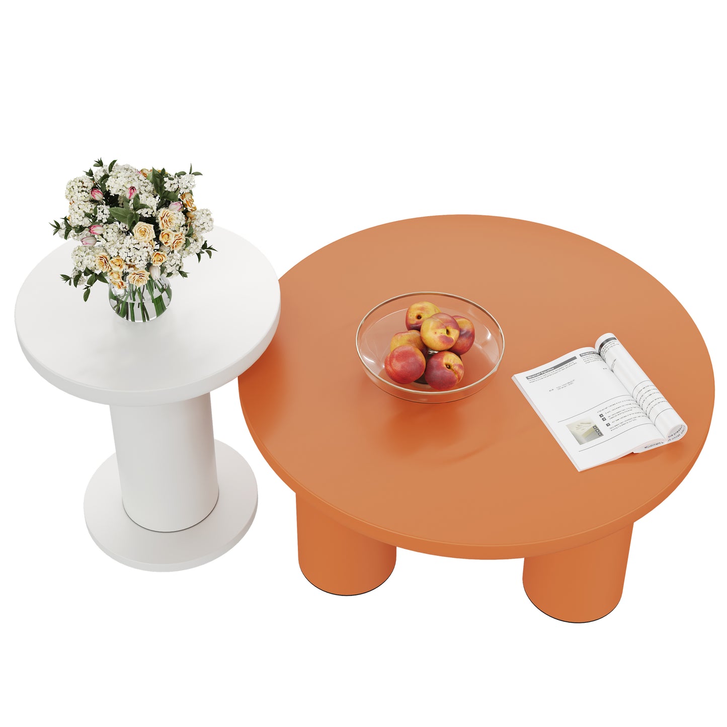 Stylish Round Coffee Table Set-White,Orange with Cream Accents