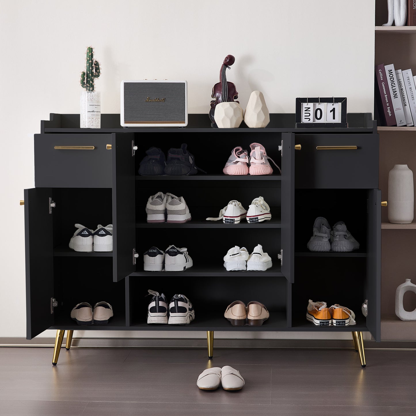 Black Shoe Cabinet with 2 Drawers, 4 Doors, Metal Feet