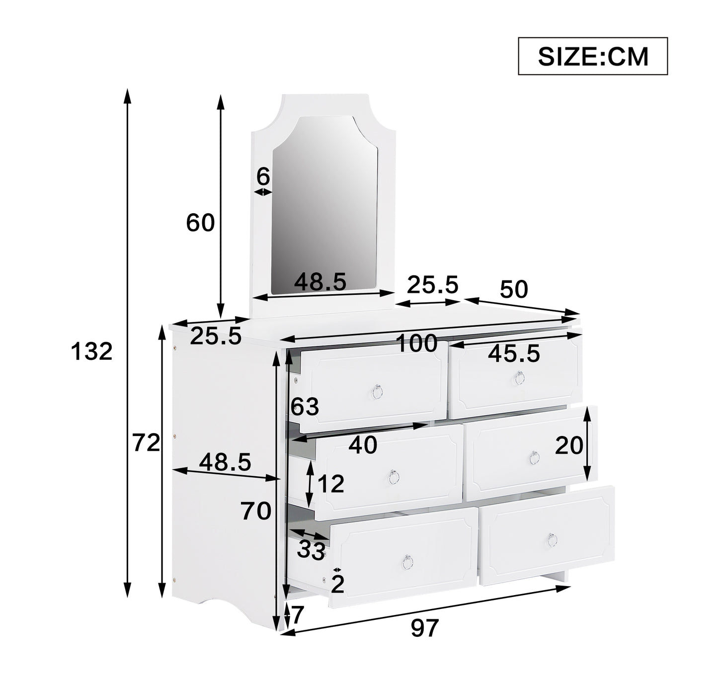 White Mirror Cabinet: Versatile 6-Drawer Chest for Living & Bedroom