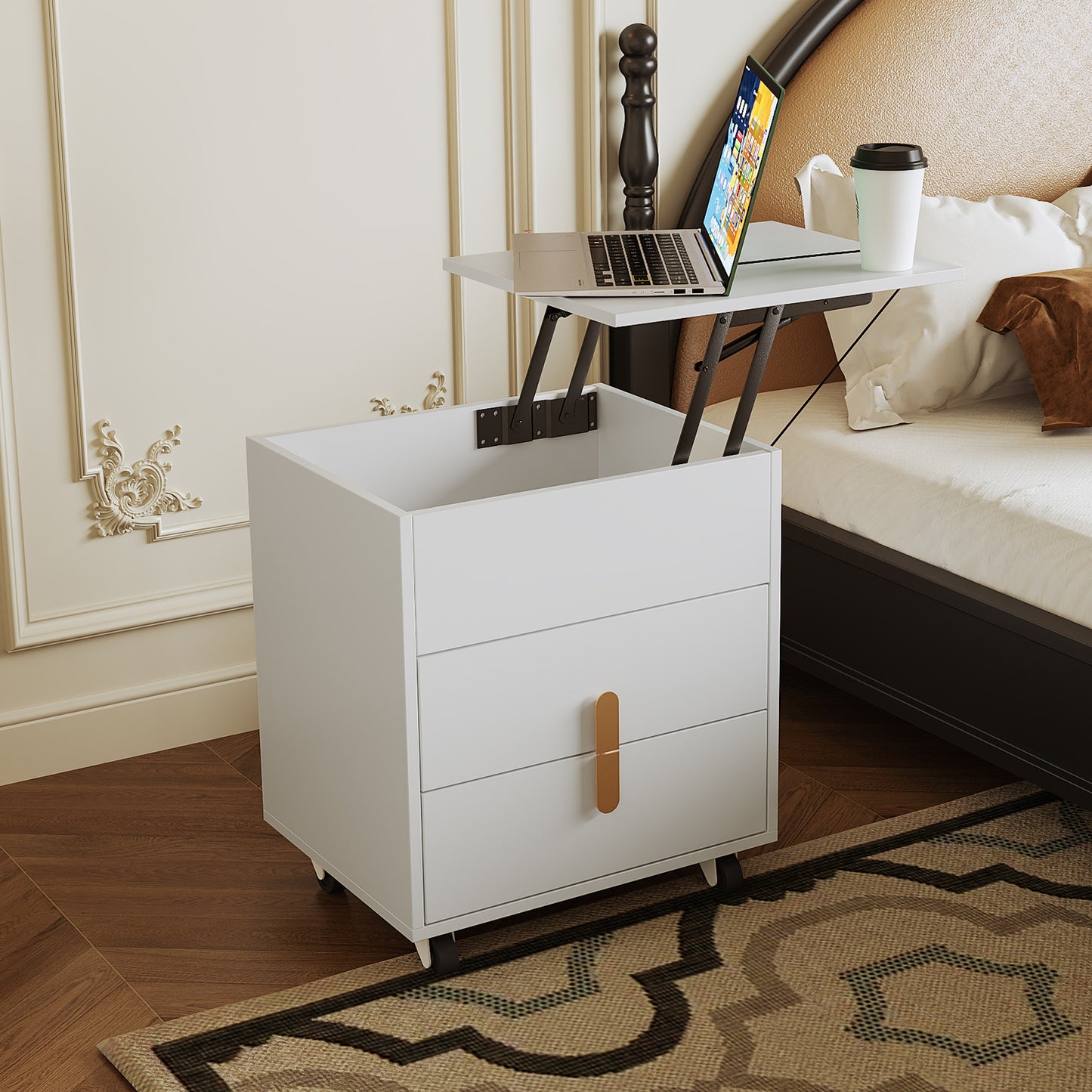 White Modern Bedside Table with USB Charging, Lifting Table, and Movable Pulley Design