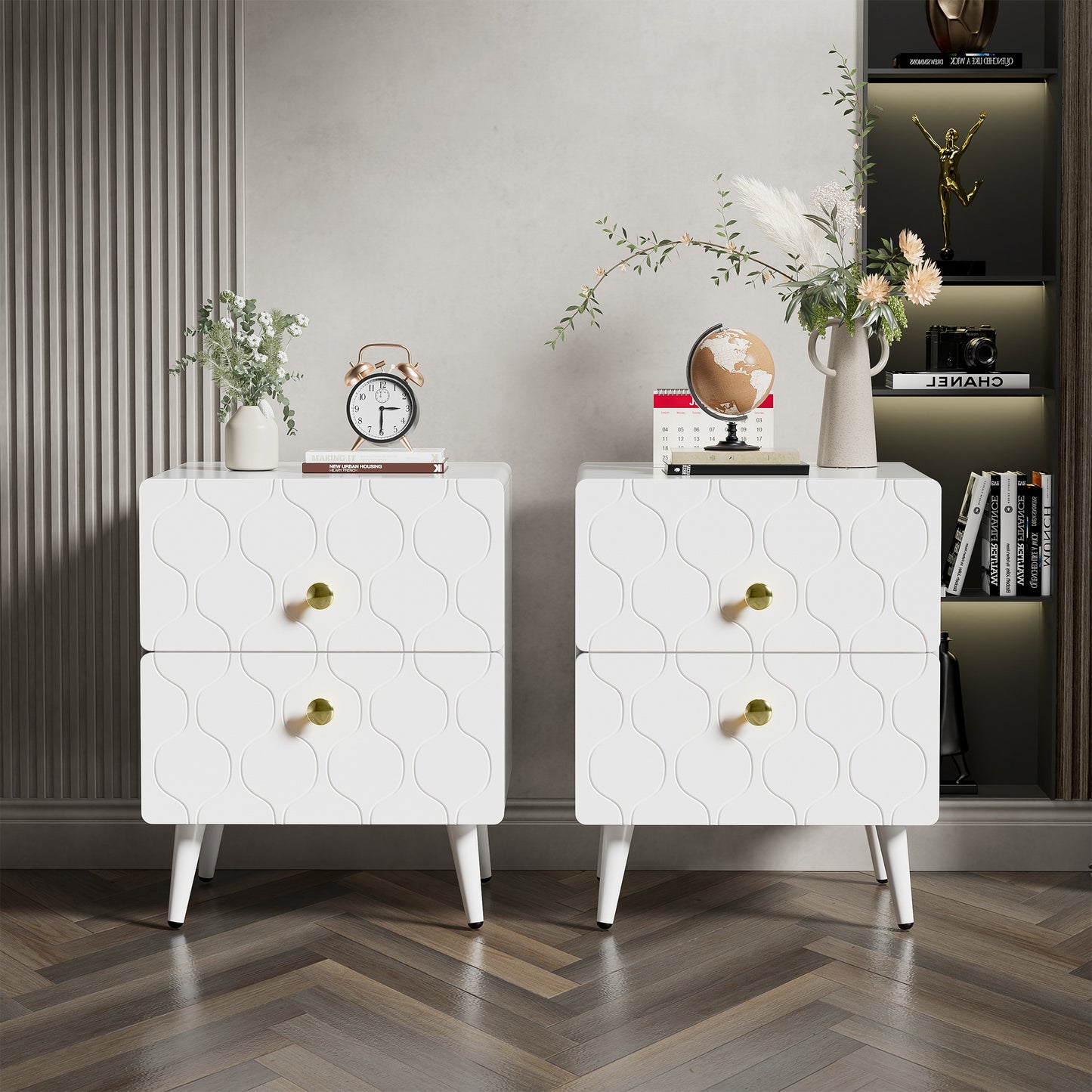 Stylish Modern White Bedside Tables with Gold Accents,Two-pack