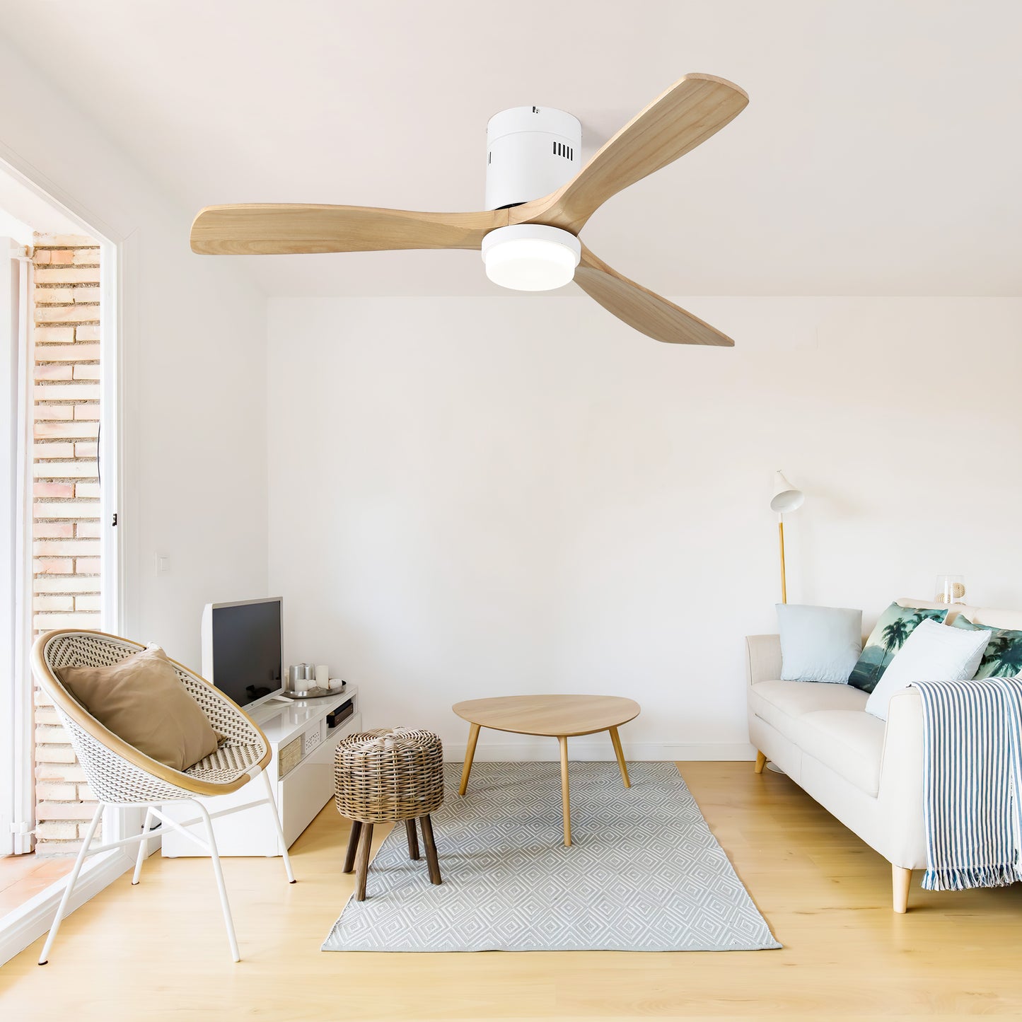 52" Decorative Ceiling Fan with 6-Speed Remote, White Solid Wood Blades & Reversible DC Motor for Living Room