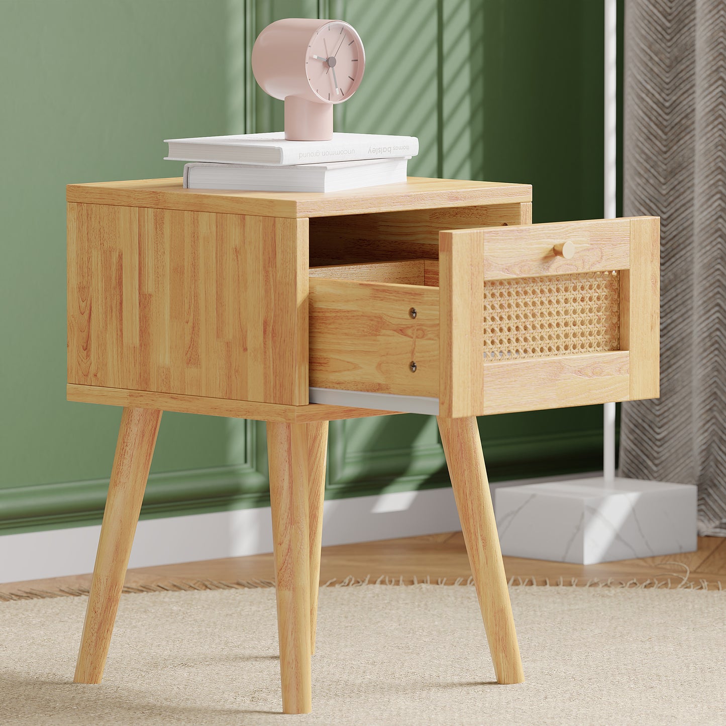 Natural Rattan 1-Drawer Bedside Table with Gold-Colored Metal Handle