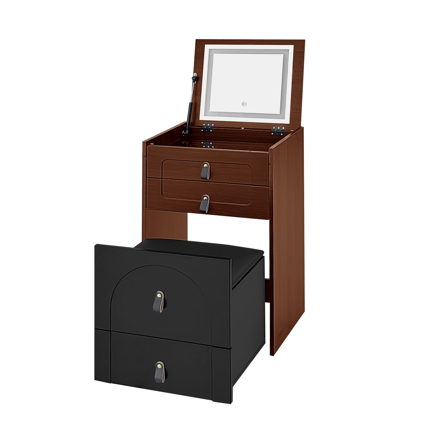 Multifunctional Black-Brown Dressing Table with LED-lit Mirror and Storage Stool