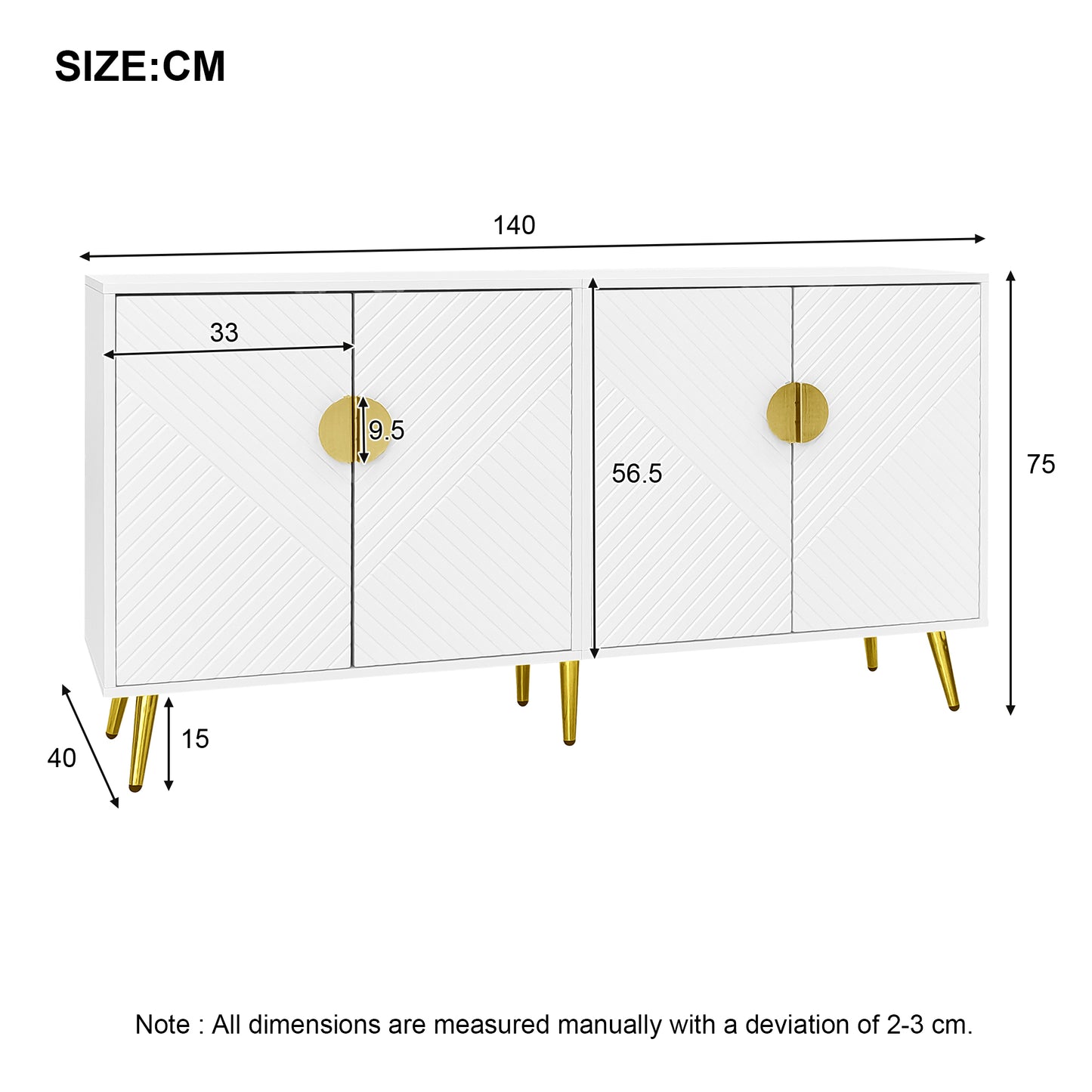 Luxurious White and Gold Side Cabinet with Bias Stripe - Versatile Storage Solution