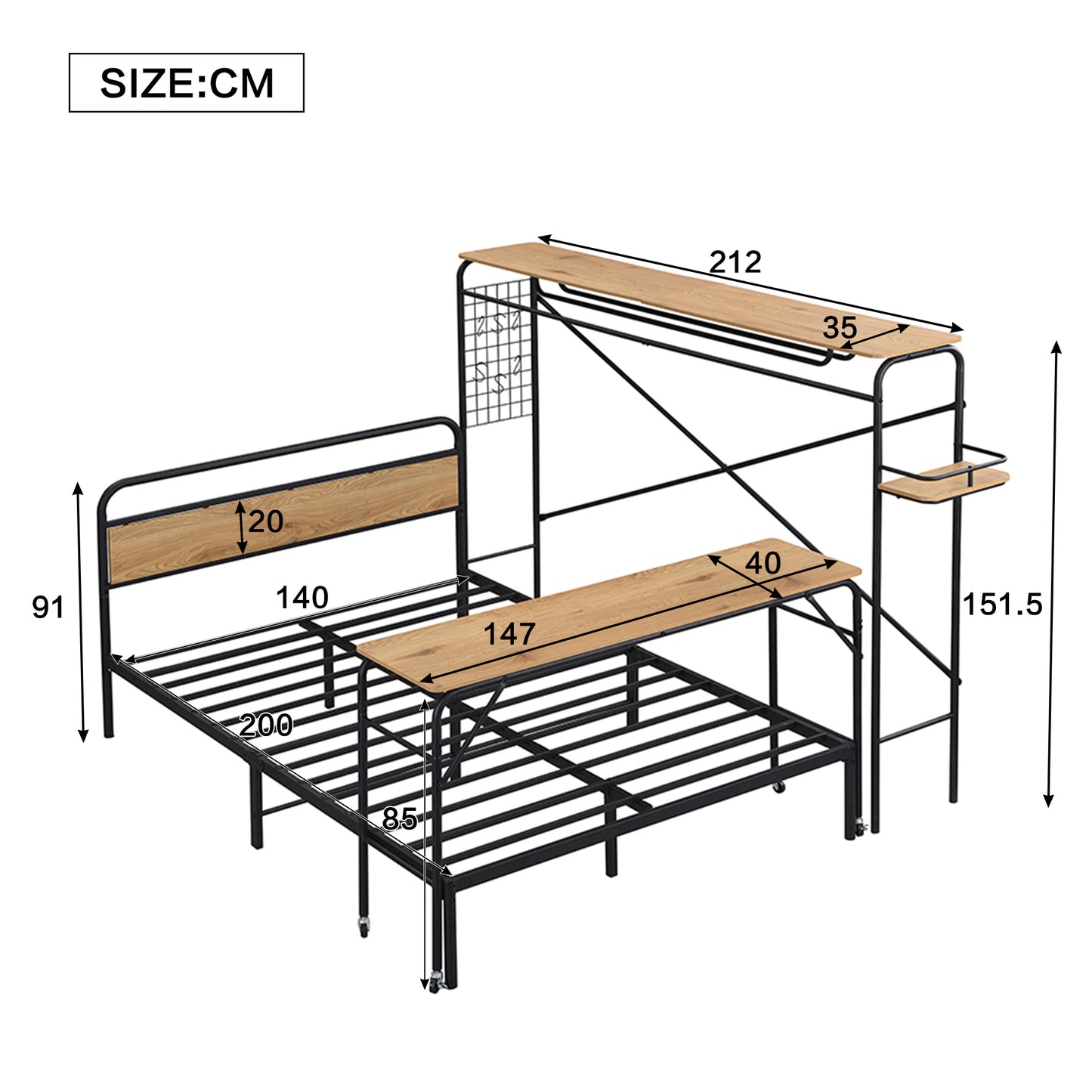 Black Metal Bed with Table, Vertical Coat Rack, and Storage - 140x200 cm