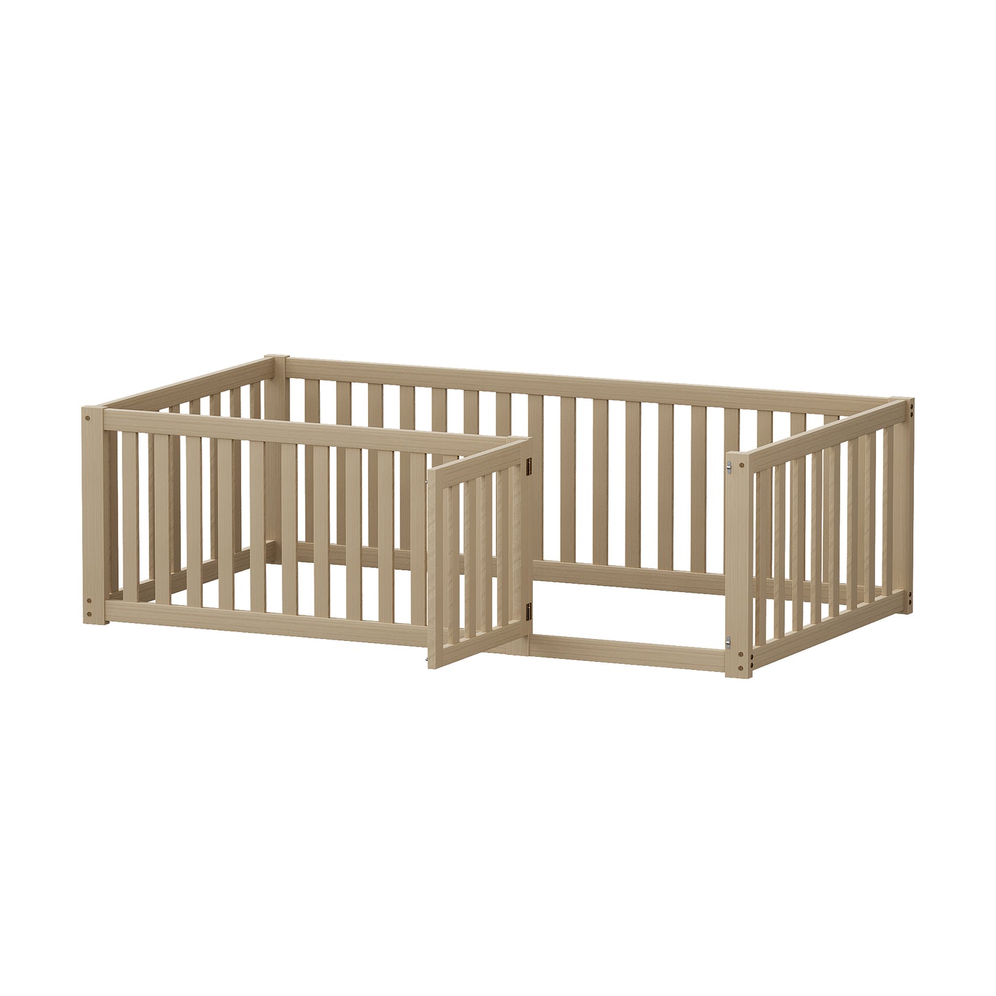 Children's Wooden Floor Bed Frame with Fence and Door - 90x200 cm