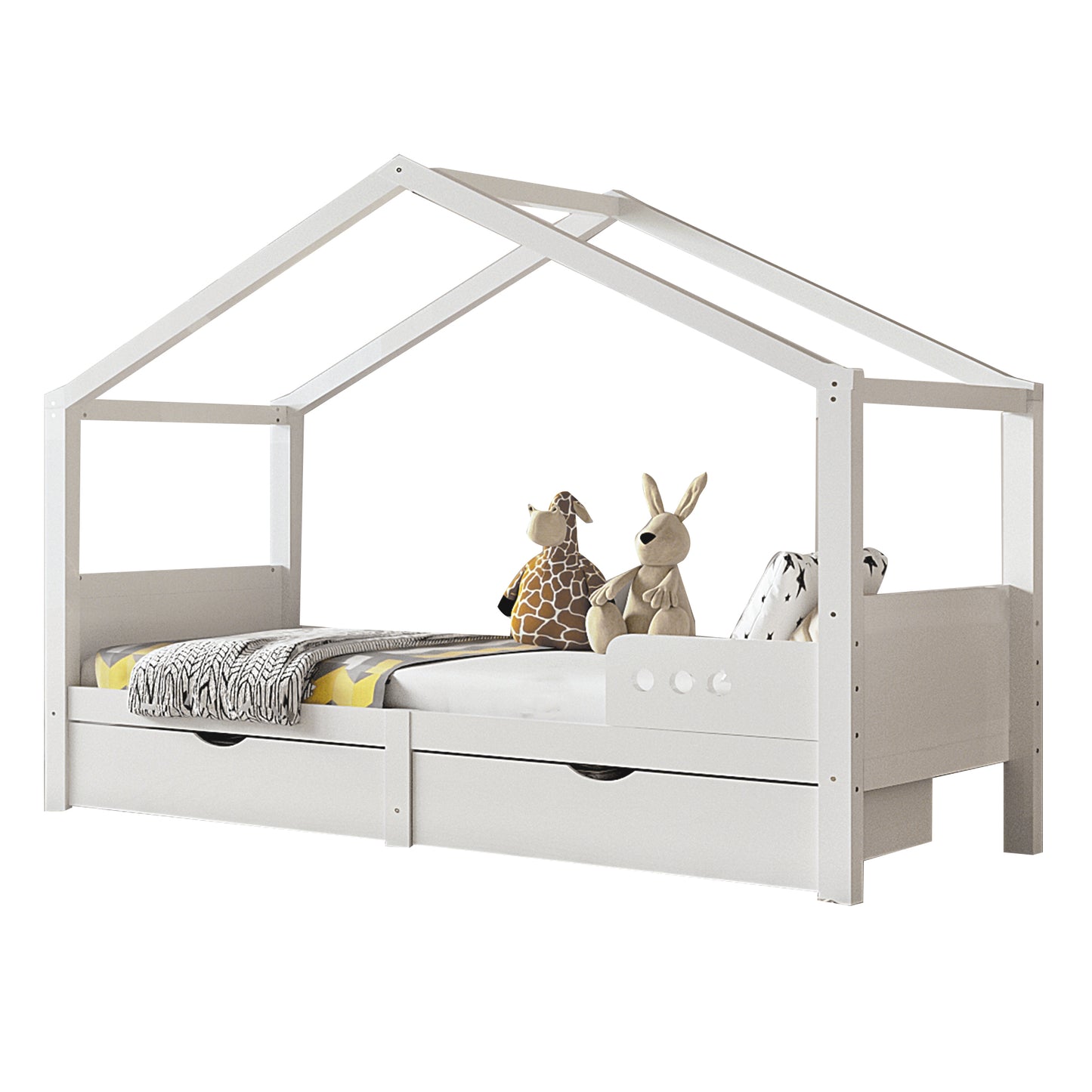 90x200cm White Pine Children's Bed with Double Drawers & Fall Protection
