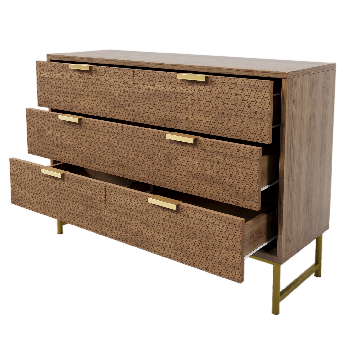 Walnut Embossed 6-Drawer Chest with Metal Handles