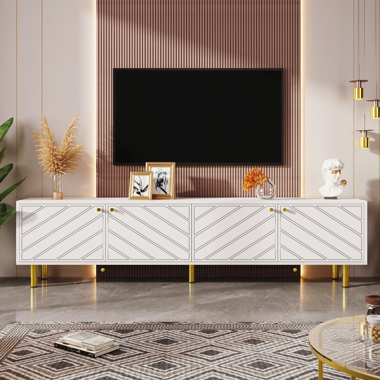 Elegant White 4-Door TV Cabinet with Gold Hardware for Versatile Interiors