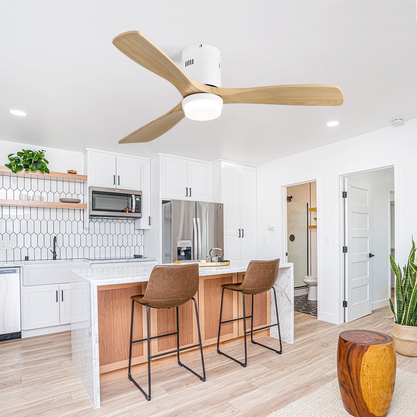 52" Decorative Ceiling Fan with 6-Speed Remote, White Solid Wood Blades & Reversible DC Motor for Living Room