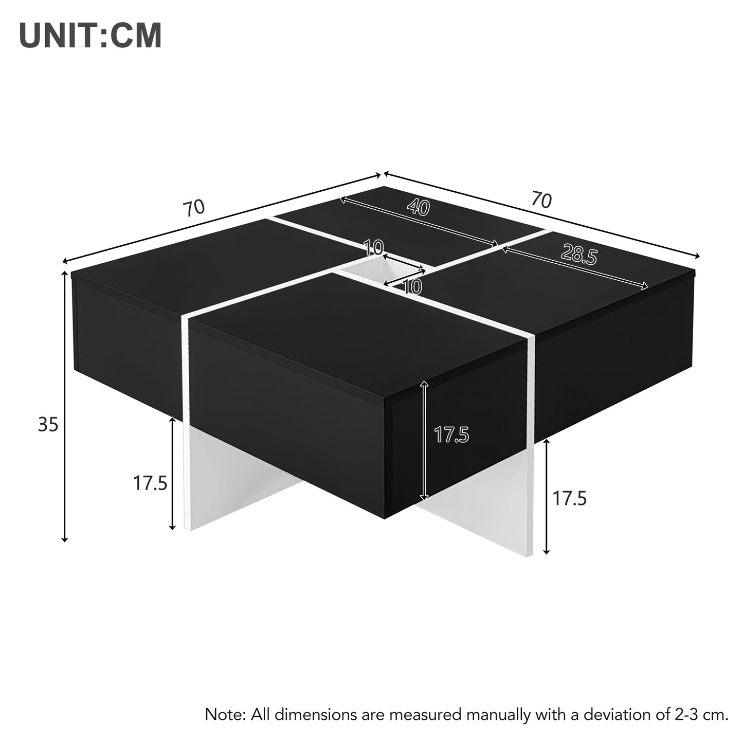 70cm Black and White Square Coffee Table with Central Storage