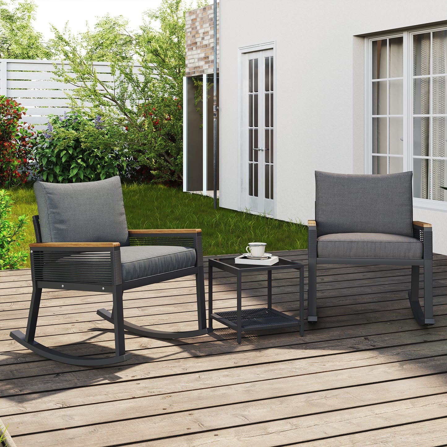 3-piece set, rope rocking chair set, glass coffee table with seat cushion and backrest, suitable for garden, terrace