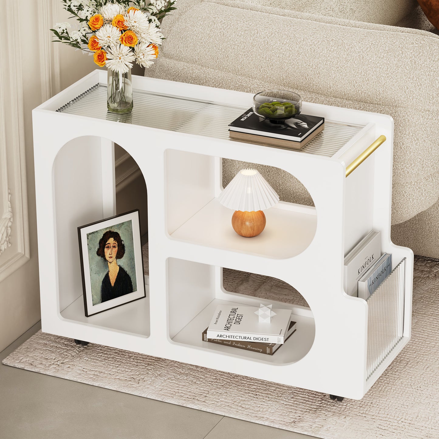 Elegant White Living Room Furniture Set - Lockable Side Table, Ribbed Glass Coffee Table, Golden Modern Bedside Table