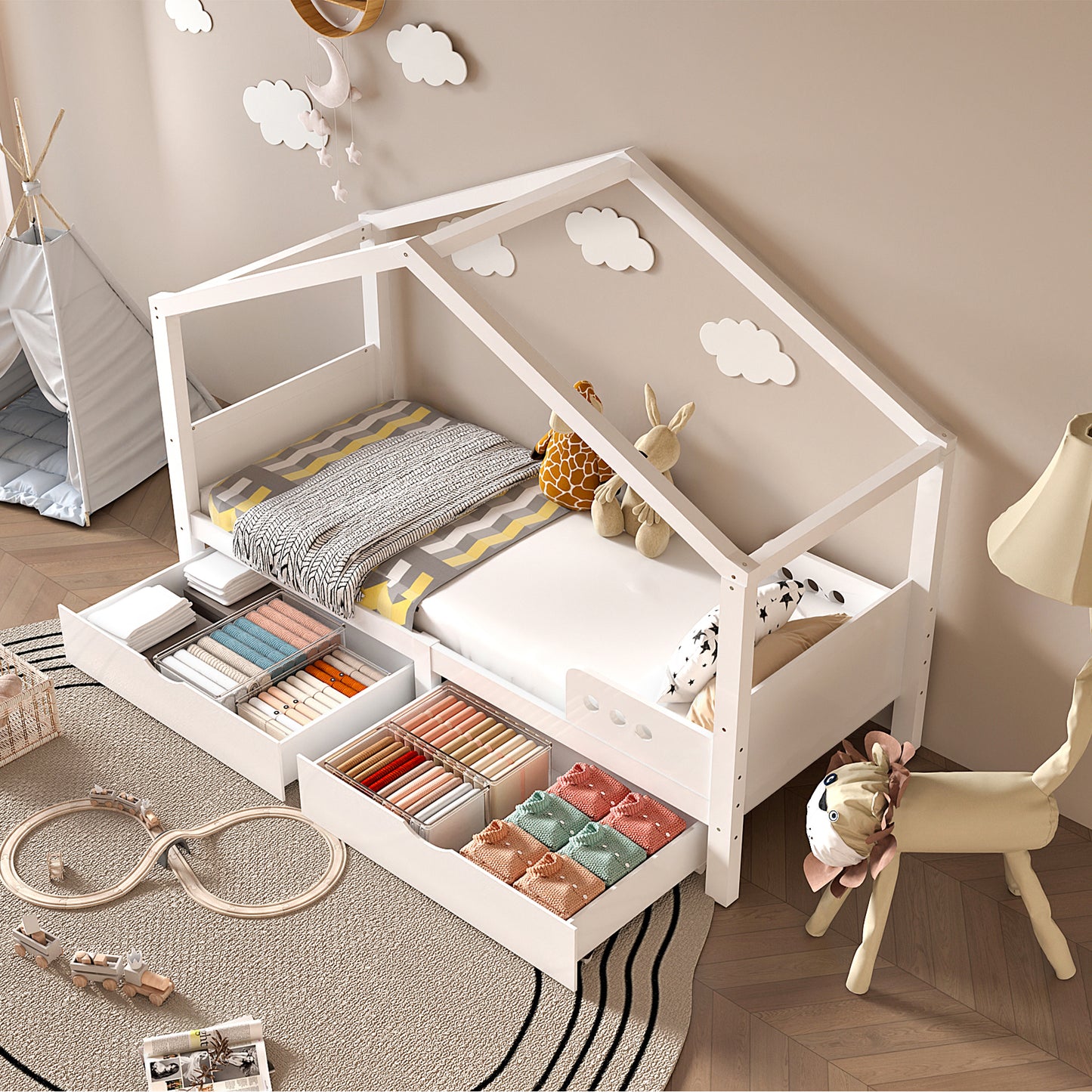 90x200cm White Pine Children's Bed with Double Drawers & Fall Protection
