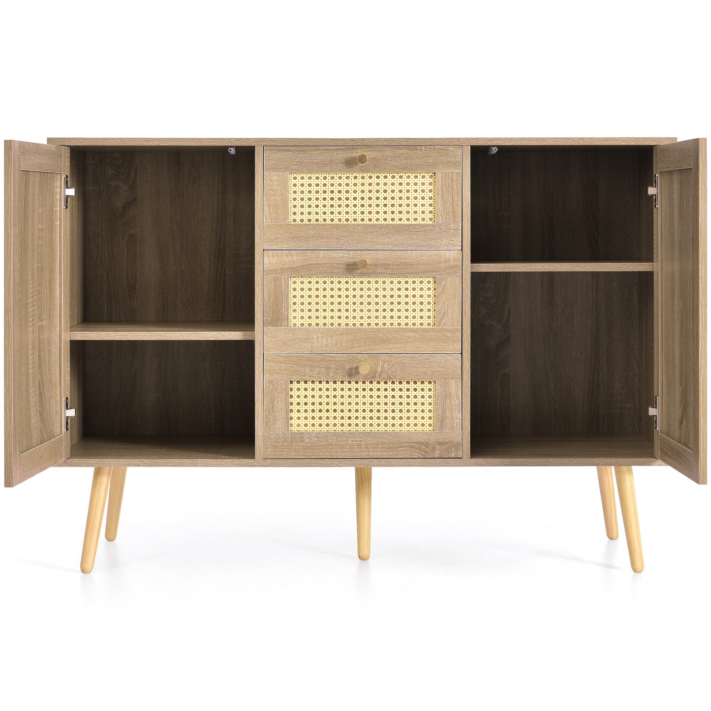 (Z)Rattan Sonoma oak chest of drawers with 2 doors 3 drawers,adjustable shelf,solid wood feet