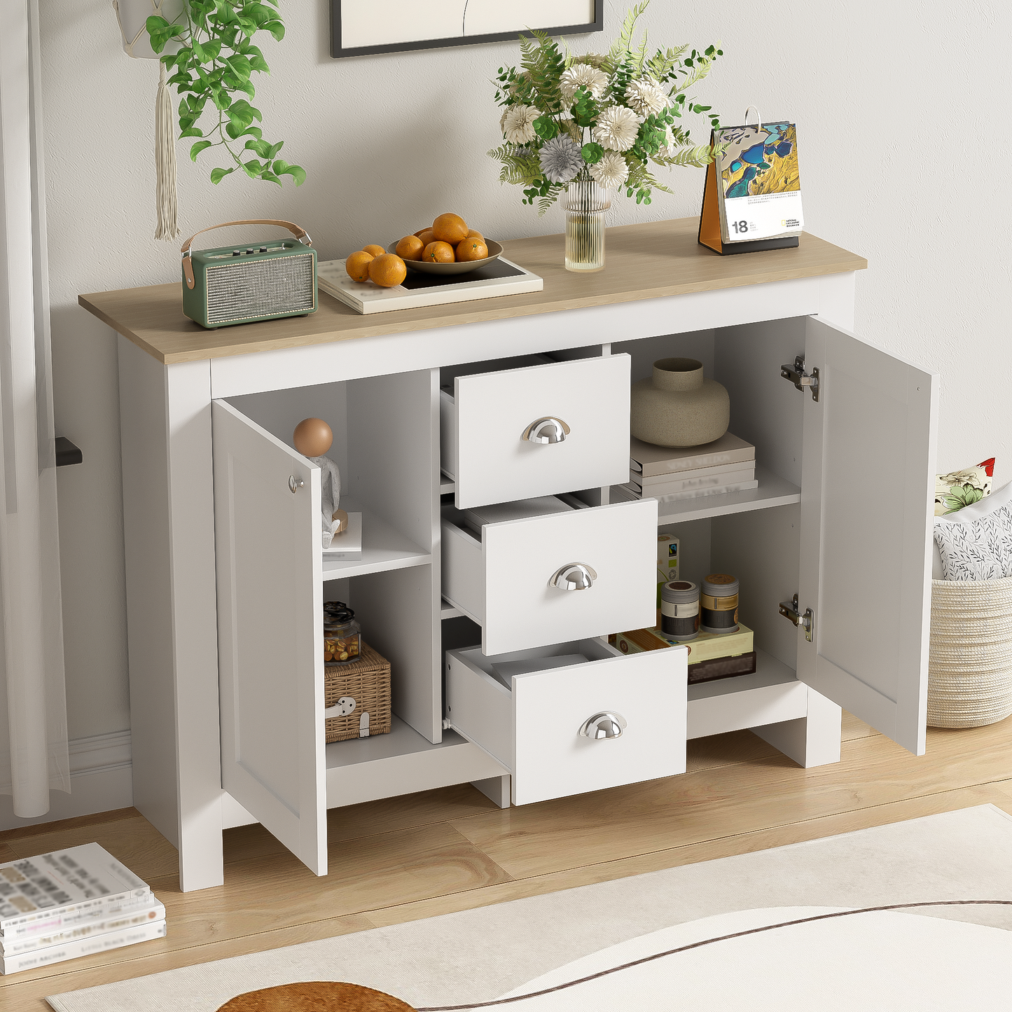 116cm Warm White Wooden Sideboard with 2 Doors, 3 Drawers,Silver Handles