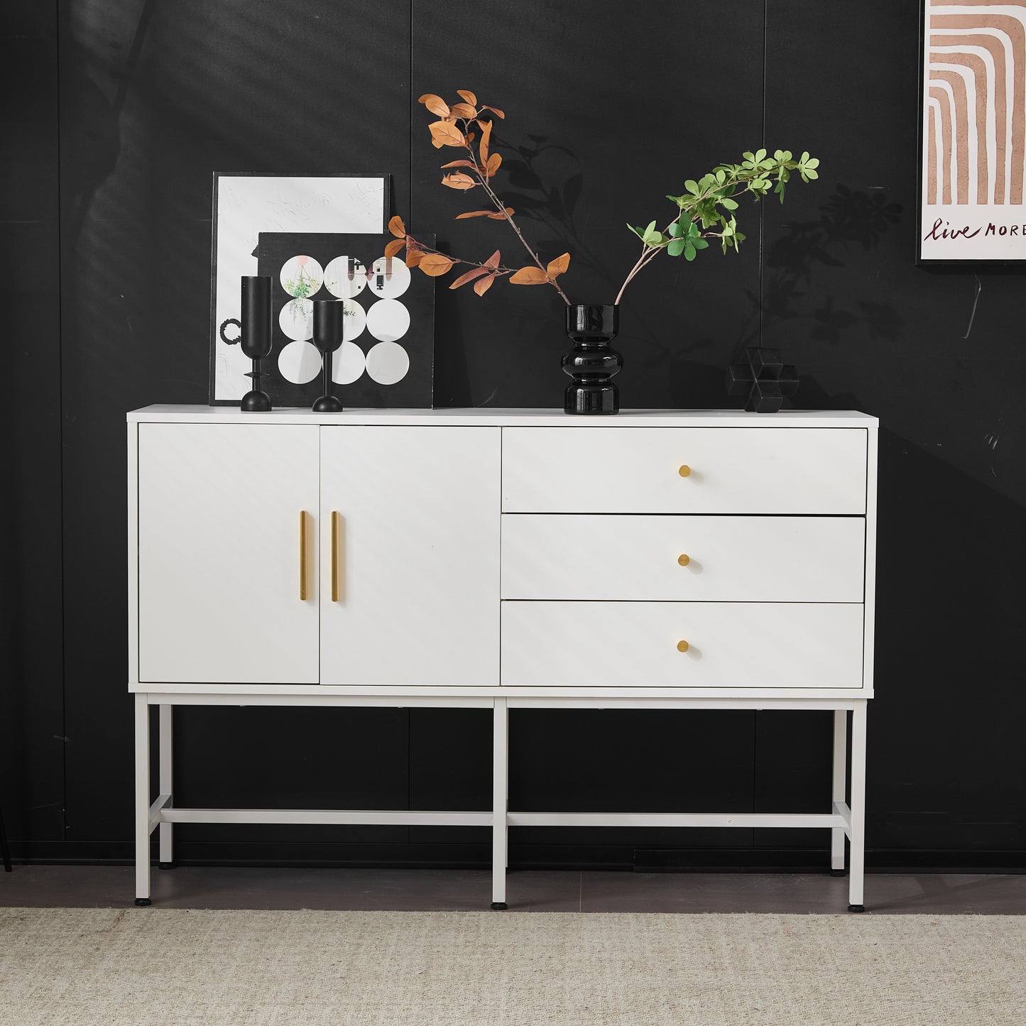 Elegant White Sideboard Cabinet with 2 Doors & 3 Drawers, Gold Handles, Metal Feet, 120cm Wide