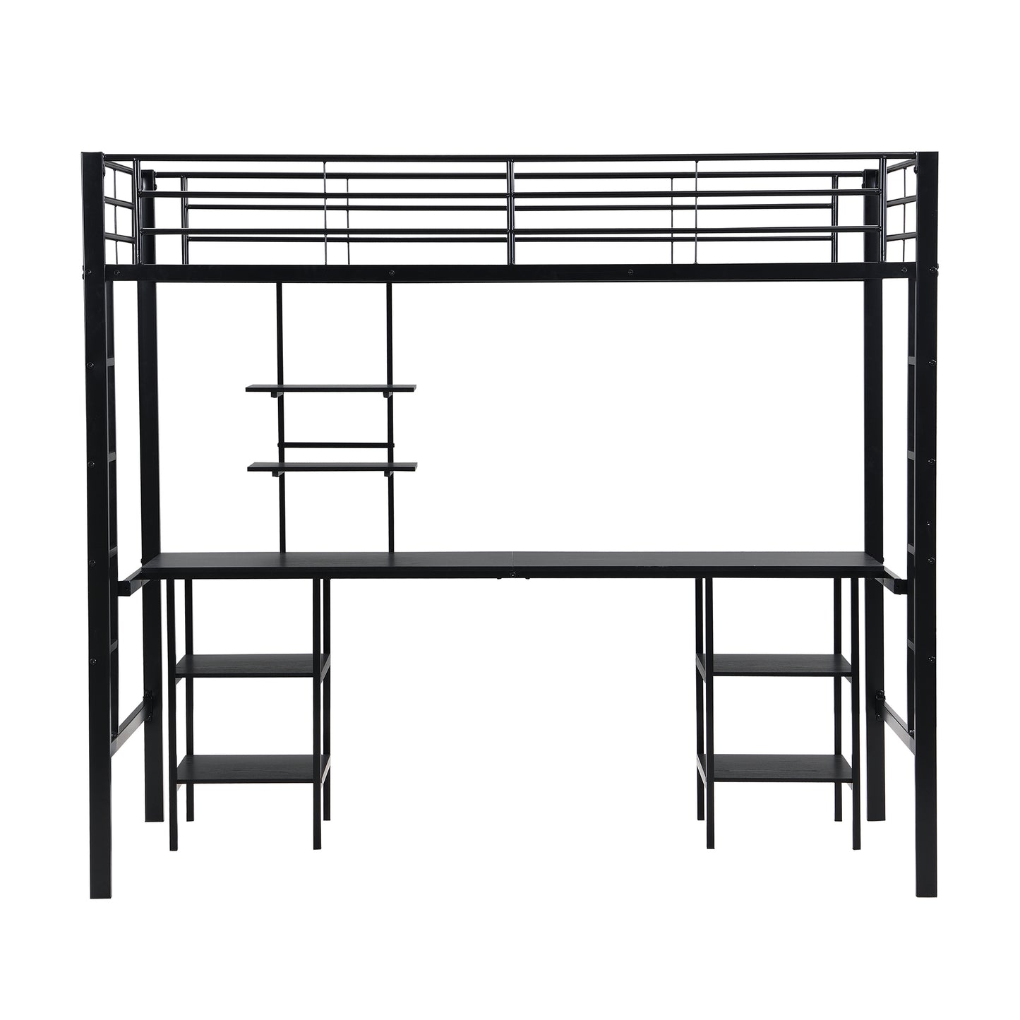 Black Iron and MDF Bunk Bed with Table and Shelves - Children's Safety Bed