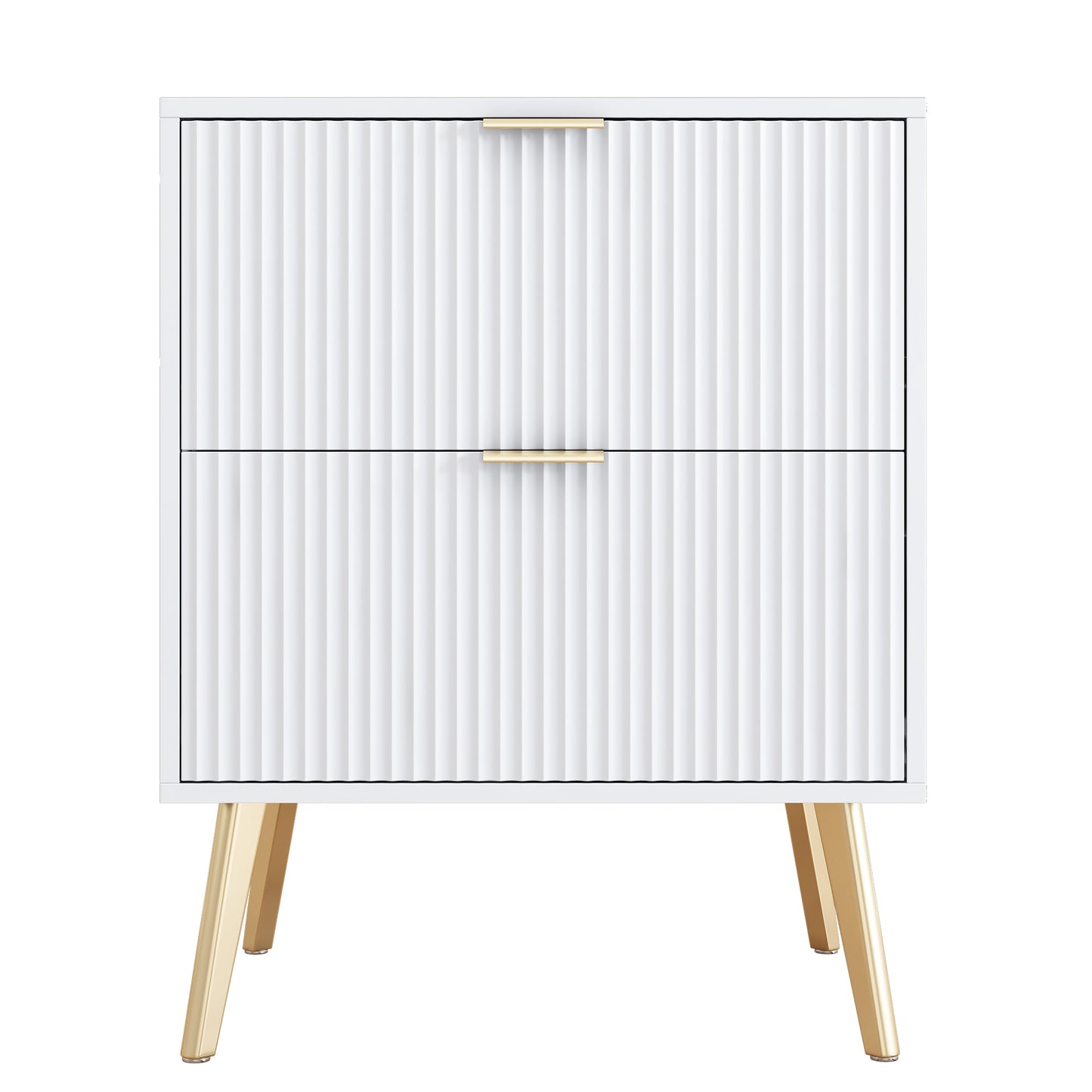 White Lacquered Double Drawer Bedside Table with Gold-Plated Feet and Knobs