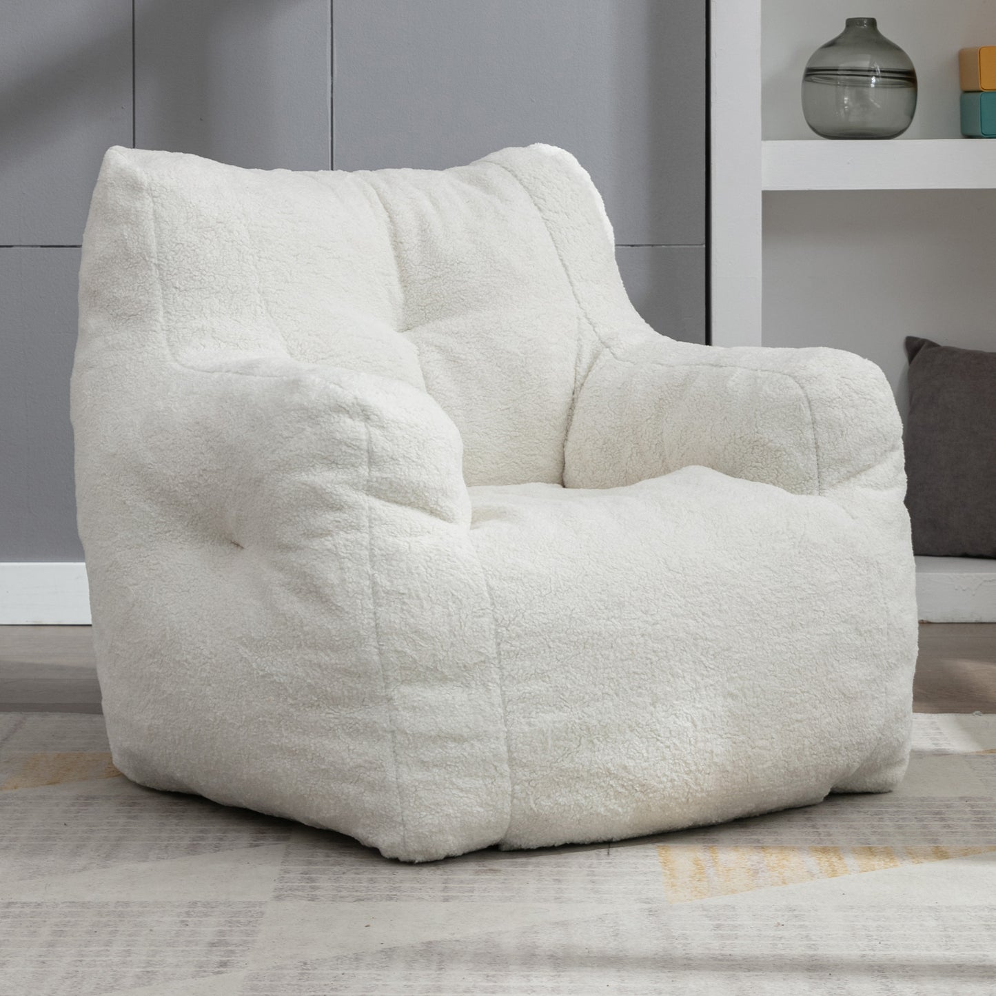 (Z)Soft Tufed Foam Bean Bag Chair With Teddy Fabric Lvory White