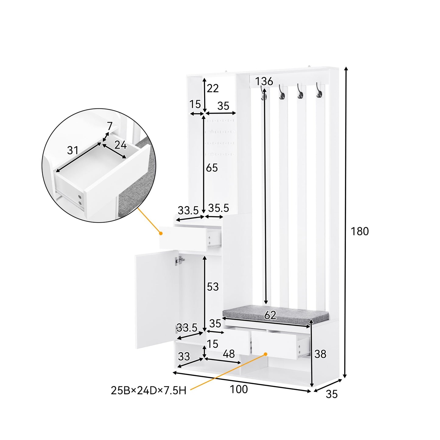 Modern White Hallway Furniture Set - Coat Rack, Shoe Cabinet, Padded Bench