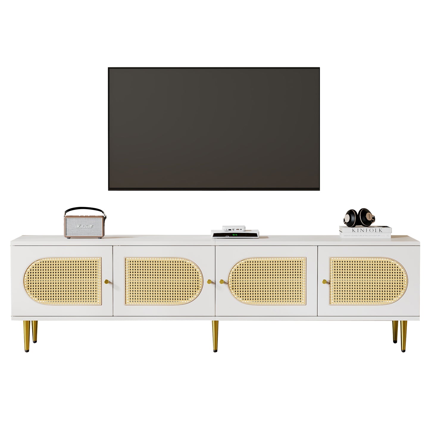 180x40x50 cm White Rattan TV Cabinet - 4 Doors, Adjustable Shelves, Cable Mgmt