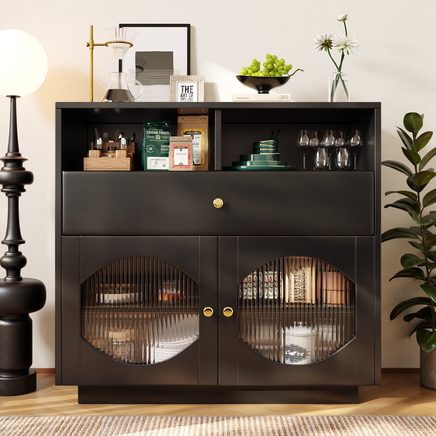 Modern Black Glass-Door Sideboard Buffet Cabinet