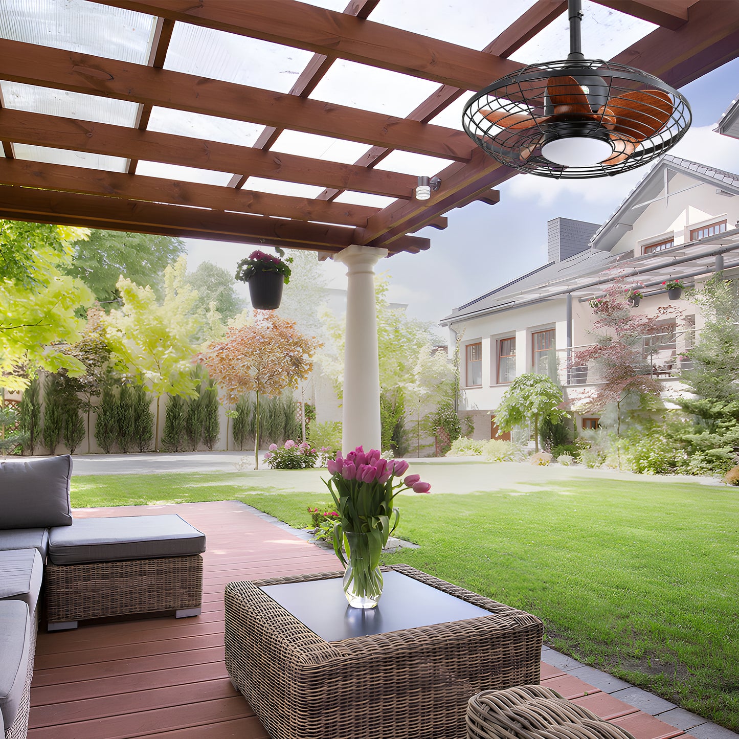 20 Inch Downrod Mount Ceiling Fan with LED 18W 3CCT, 5 ABS Blades, DC Motor for Outdoor Patios & Pergolas