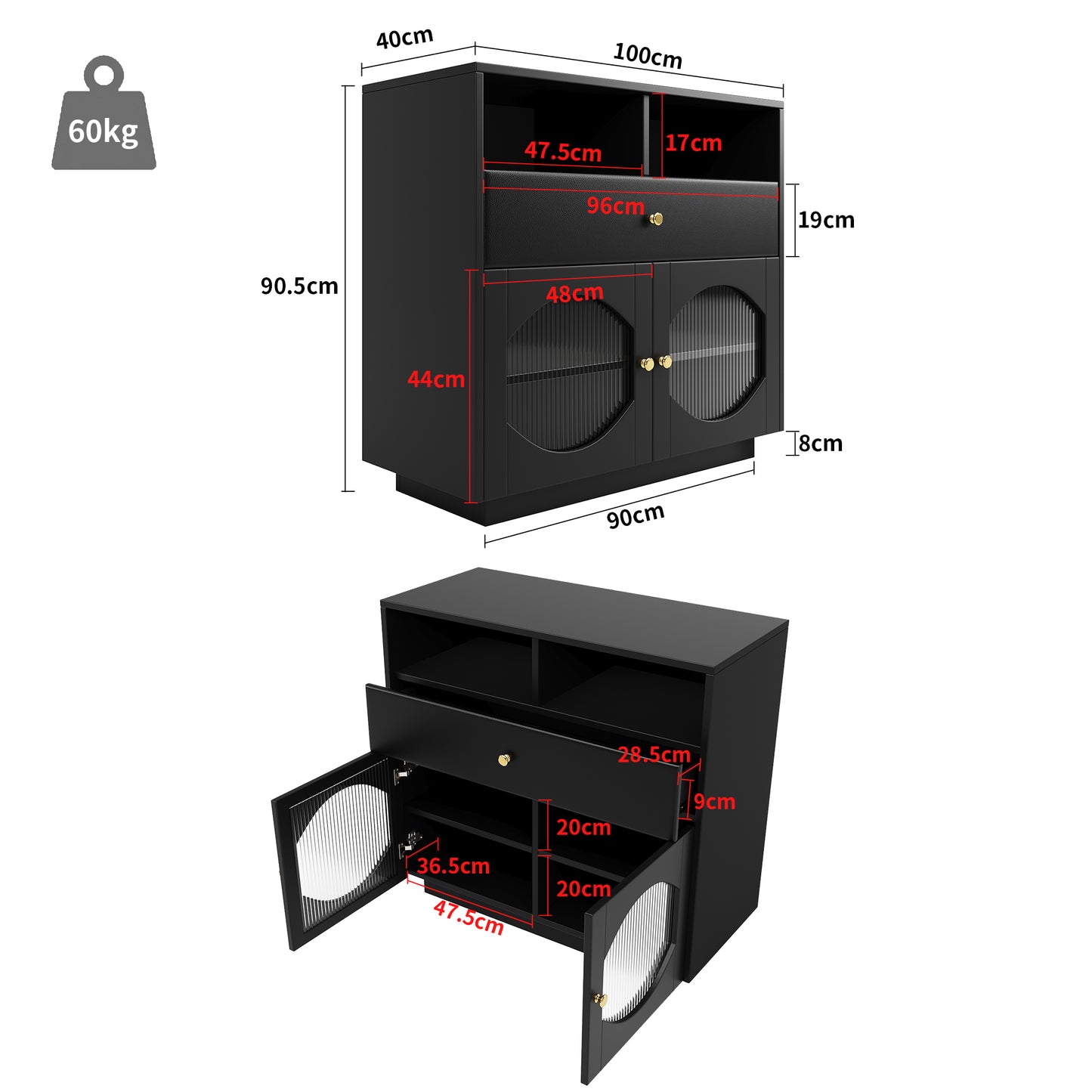 Modern Black Glass-Door Sideboard Buffet Cabinet