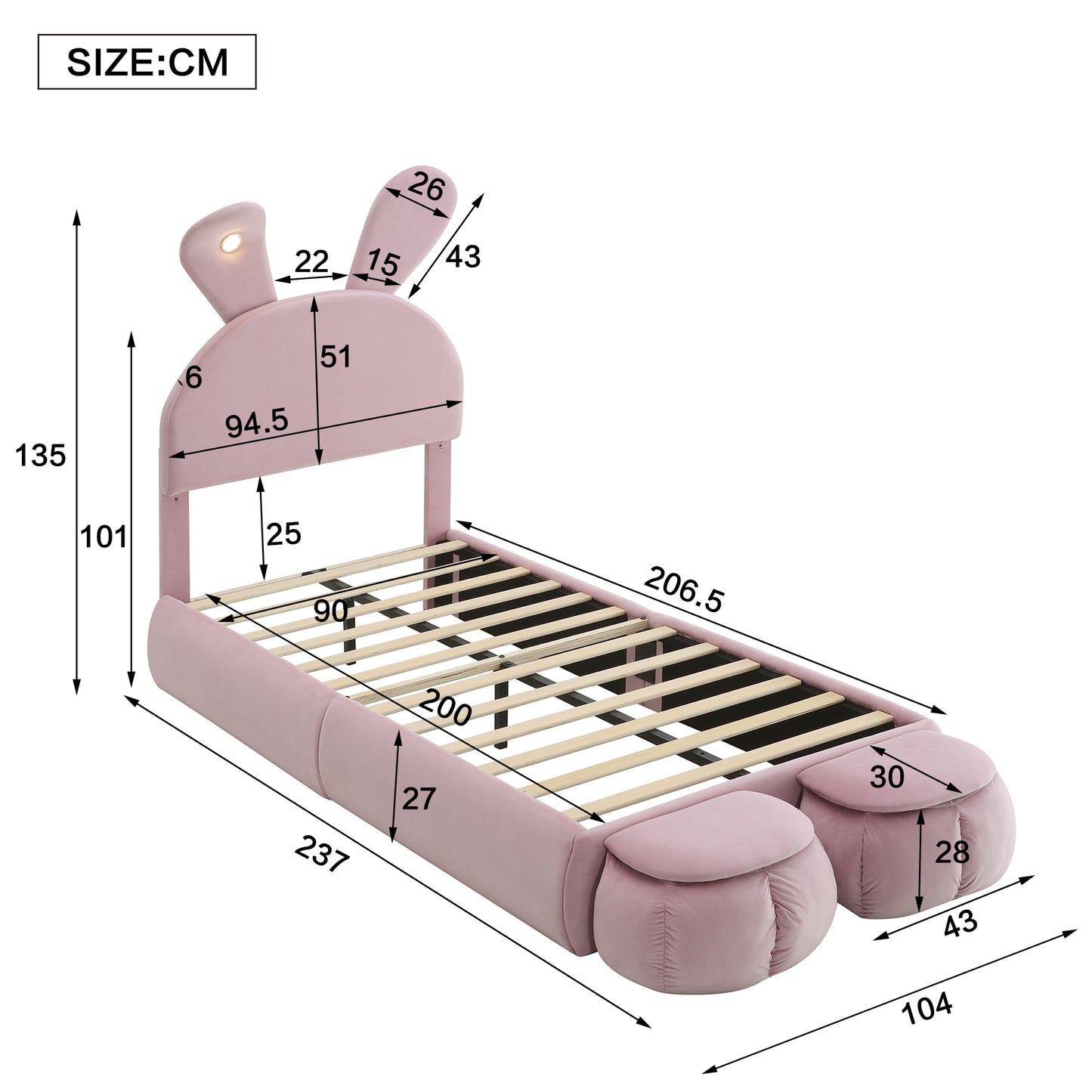 (Z)Upholstered bed Single bed Bunny Ears With Adjustable Brightness Warm-Coloured Light Strips With Two Storage Stools Children's Bed With Wooden Slats Velvet Pink 90x200CM