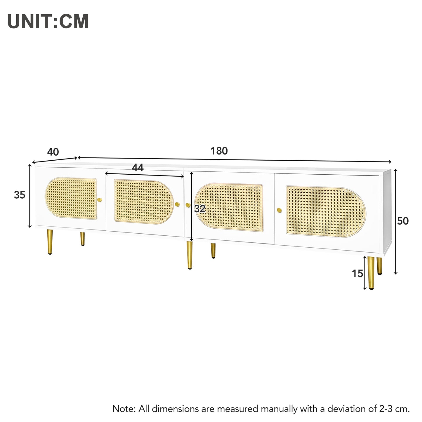 180x40x50 cm White Rattan TV Cabinet - 4 Doors, Adjustable Shelves, Cable Mgmt