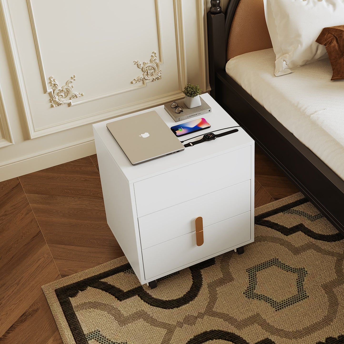 White Modern Bedside Table with USB Charging, Lifting Table, and Movable Pulley Design