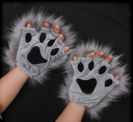 (Y)Long Fur Wolf Paws Gloves 1 Pair Animal Roleplay Furry Accessory Puppy Paws