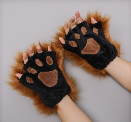 (Y)Long Fur Wolf Paws Gloves 1 Pair Animal Roleplay Furry Accessory Puppy Paws